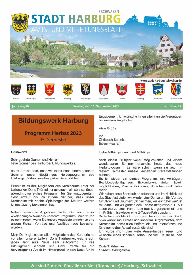 Amts- und Mitteilungsblatt der Stadt Harburg Titelblatt 37/2023