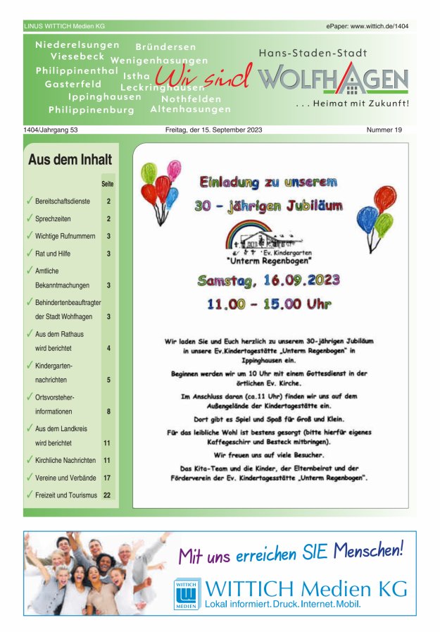 Wolfhager Stadtanzeiger Titelblatt 19/2023