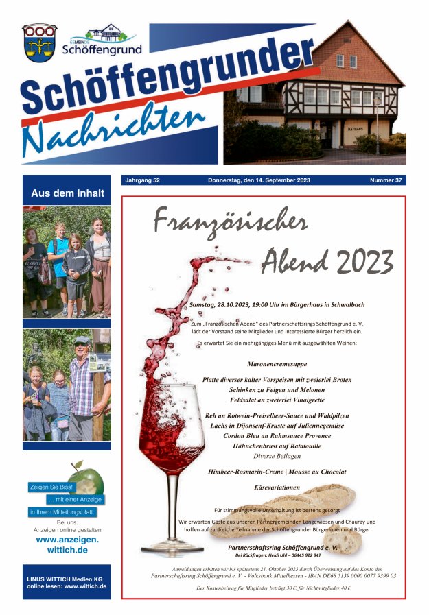 Schöffengrunder Nachrichten Titelblatt 37/2023