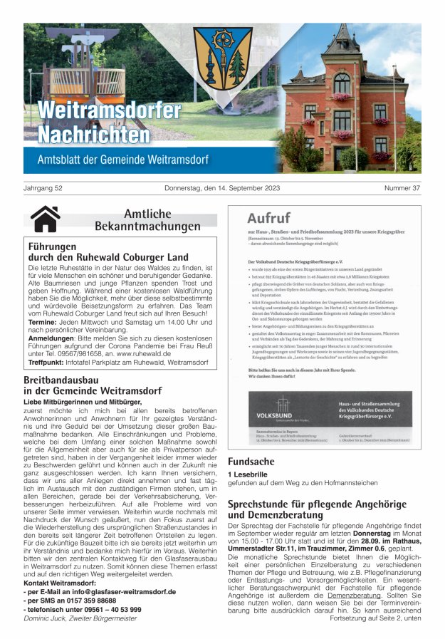 Weitramsdorfer Nachrichten Titelblatt 37/2023