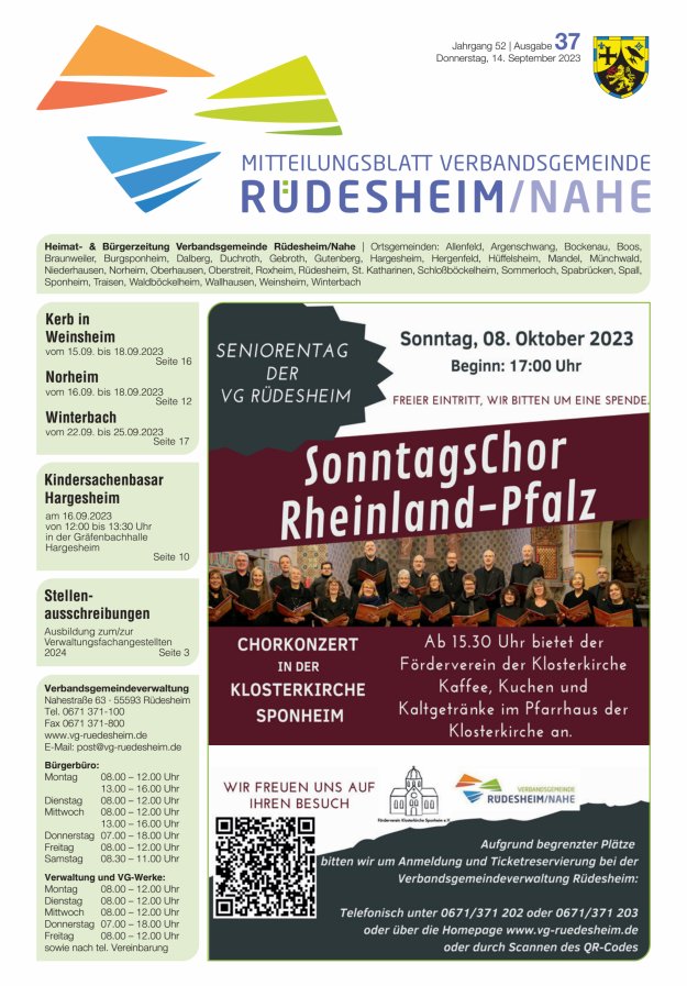 Mitteilungsblatt Verbandsgemeinde Rüdesheim und zugehörige Ortsgemeinden Titelblatt 37/2023