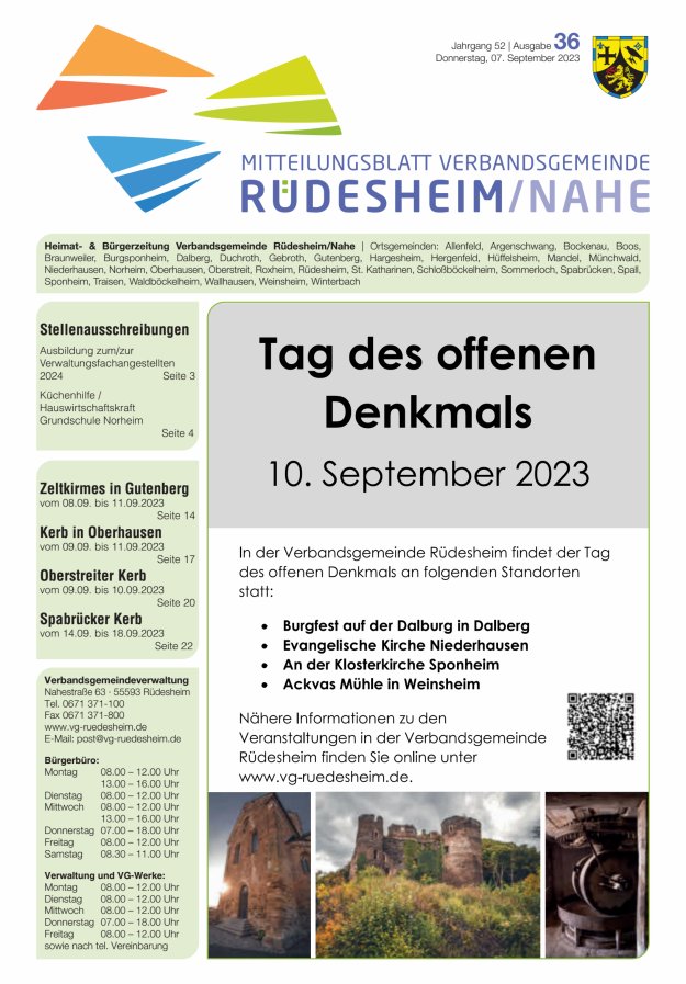 Mitteilungsblatt Verbandsgemeinde Rüdesheim und zugehörige Ortsgemeinden Titelblatt 36/2023