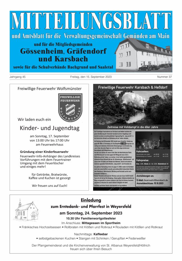 Mitteilungsblatt der VG Gemünden a Main Titelblatt 37/2023