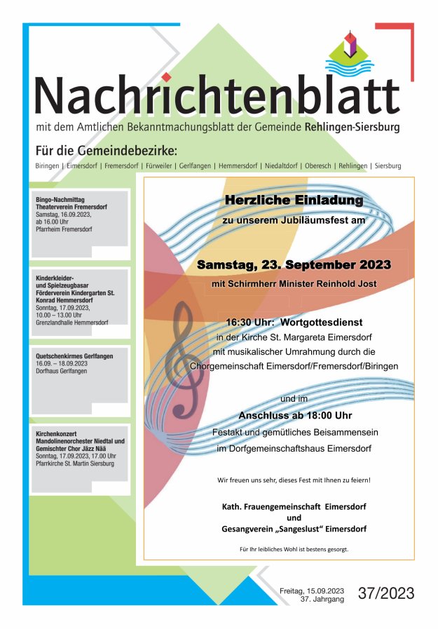 Nachrichtenblatt Rehlingen-Siersburg Titelblatt 37/2023