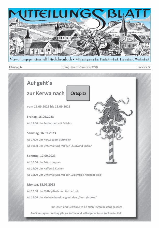 Mitteilungsblatt Verwaltungsgemeinschaft Kirchehrenbach Titelblatt 37/2023