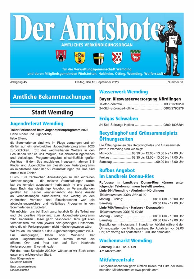 Der Amtsbote - Wemding Verwaltungsgemeinschaft Titelblatt 37/2023
