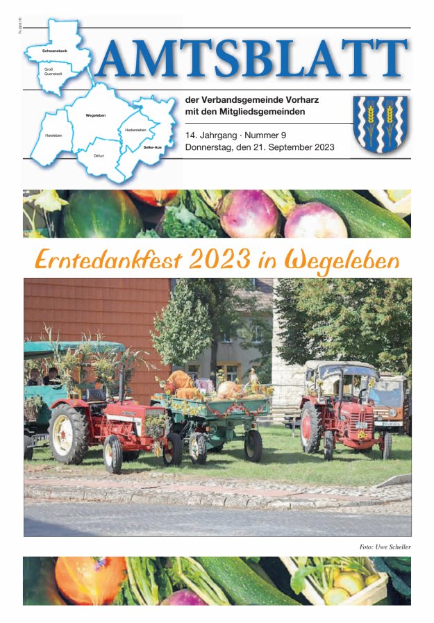 Amtblatt der Verbandsgemeinde Vorharz mit den Mitgliedsgemeinden Titelblatt 09/2023
