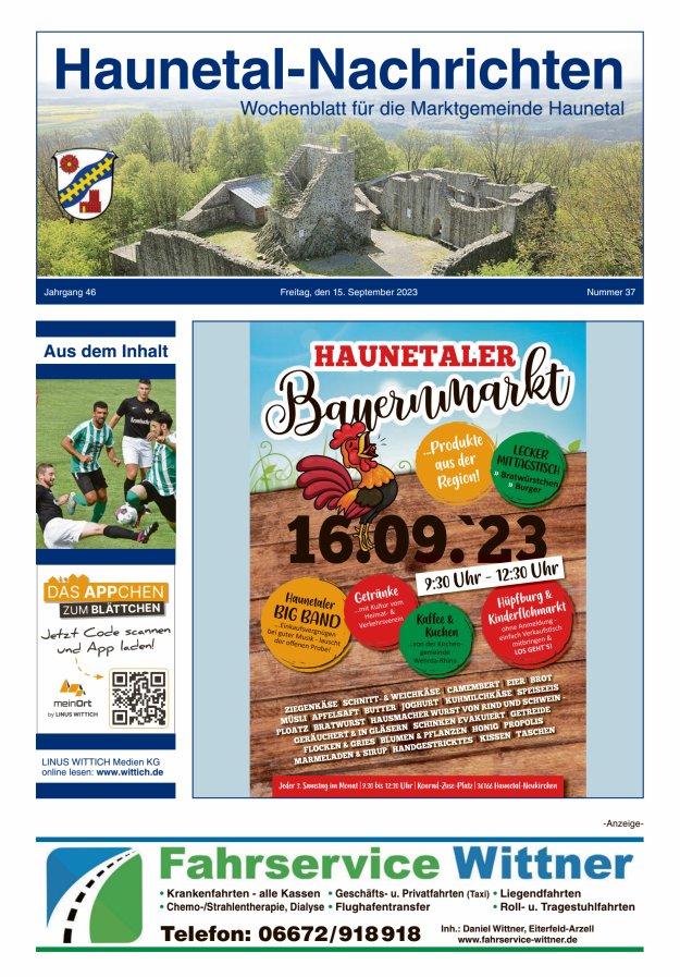Haunetal-Nachrichten Titelblatt 37/2023