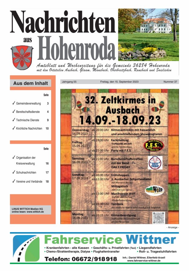 Nachrichten aus Hohenroda Titelblatt 37/2023