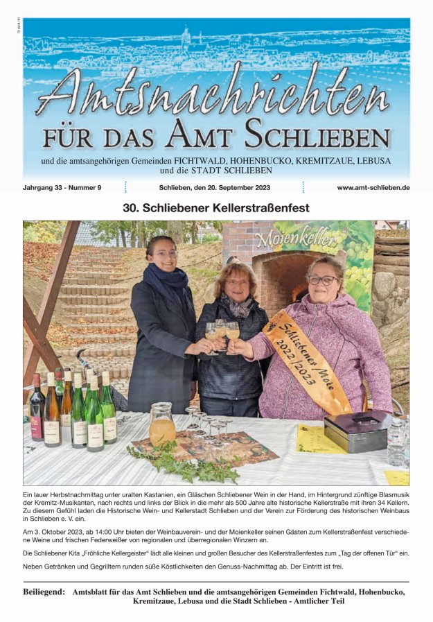 Amtsnachrichten – Amtsblatt für das Amt Schlieben und die amtsangehörigen Gemeinden Titelblatt 09/2023
