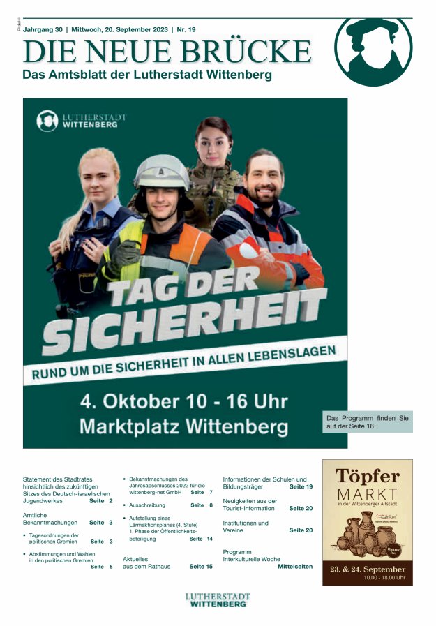 Die neue Brücke – Das Amtsblatt der Lutherstadt Wittenberg Titelblatt 19/2023