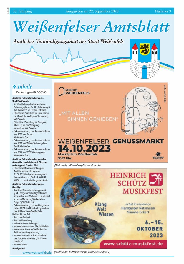 Weißenfelser Amtsblatt – Amtliches Verkündungsblatt der Stadt Weißenfels Titelblatt 09/2023