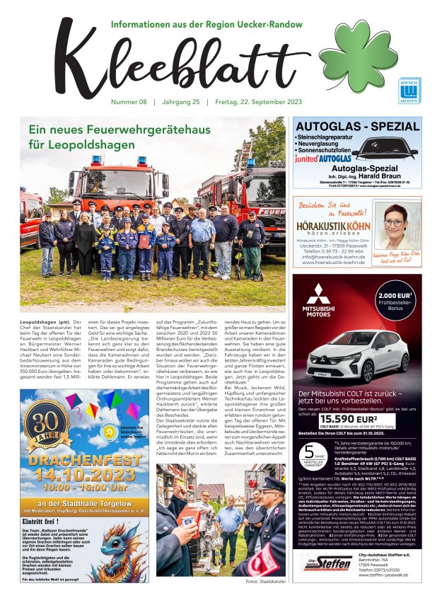 Kleeblatt - Mitteilungsblatt der Region Uecker-Randow Titelblatt 08/2023