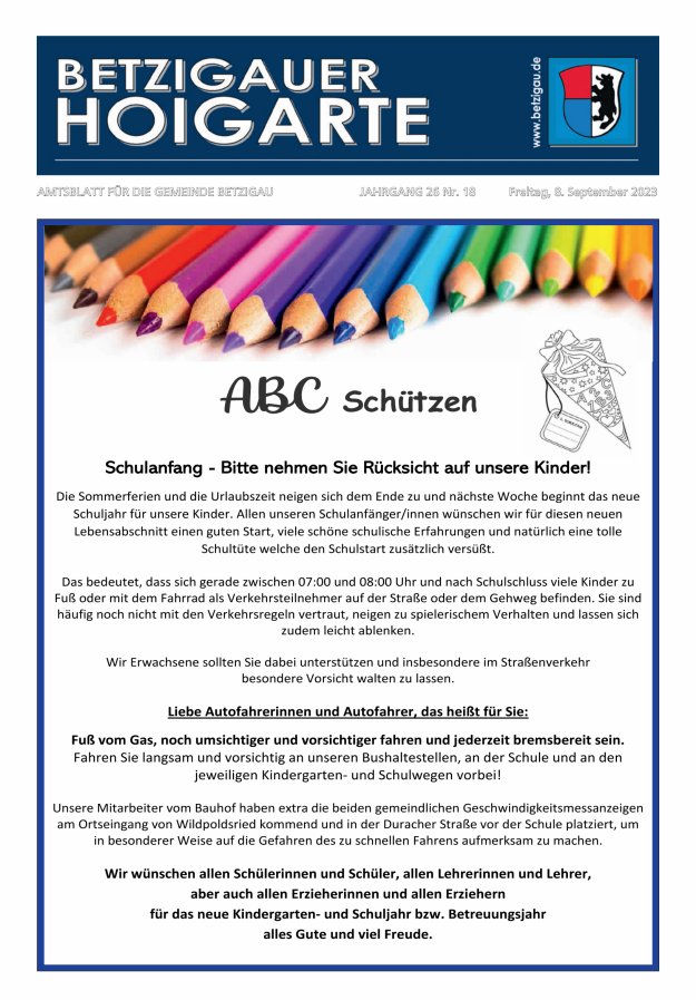 Betzigauer Hoigarte Amtsblatt der Gemeinde Betzigau Titelblatt 18/2023