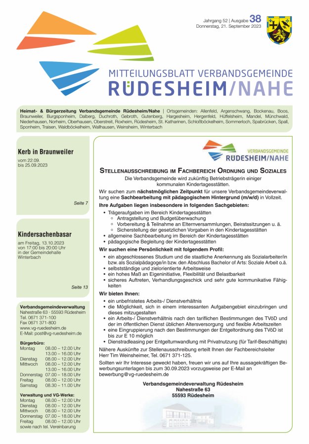 Mitteilungsblatt Verbandsgemeinde Rüdesheim und zugehörige Ortsgemeinden Titelblatt 38/2023
