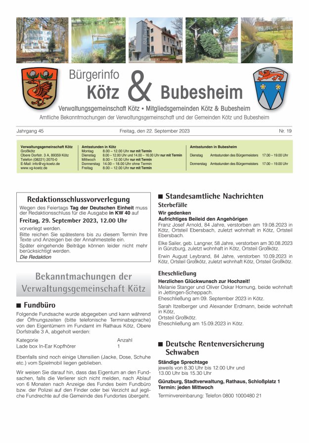 Amtsblatt der VG Kötz und der Mitgliedsgemeinden Titelblatt 19/2023
