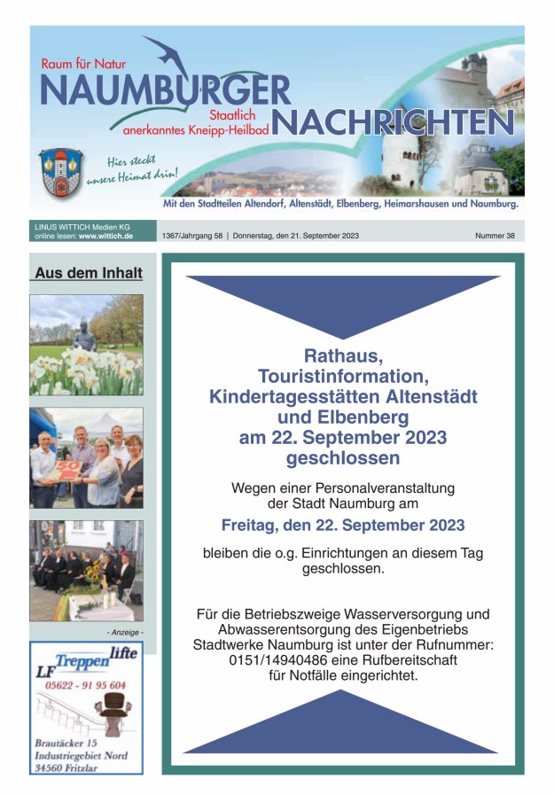Naumburger Nachrichten Titelblatt 38/2023