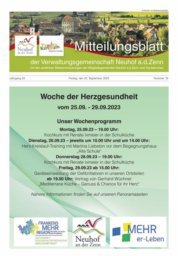 Mitteilungsblatt der Verwaltungsgemeinschaft Neuhof an der Zenn mit den amtlichen Bekanntmachungen der Mitgliedsgemeinden Neuhof an der Zenn und Trautskirchen Titelblatt 19/2023