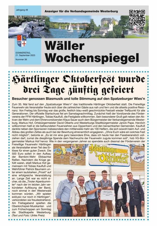 Wäller Wochenspiegel - Anzeiger für die Verbandsgemeinde Westerburg Titelblatt 38/2023