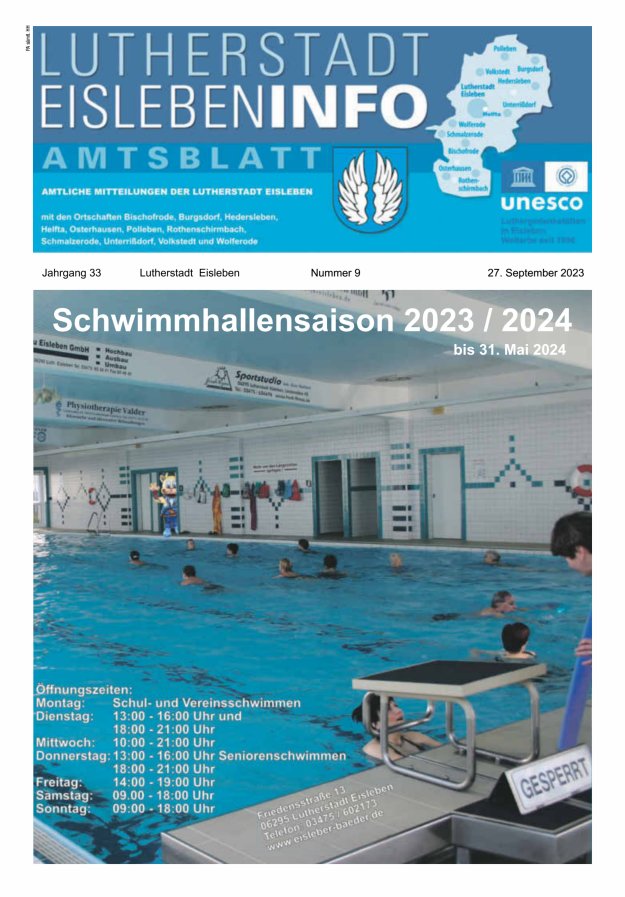 Amtsblatt Lutherstadt Eisleben – Amtliches Mitteilungsblatt der Lutherstadt Eisleben Titelblatt 09/2023