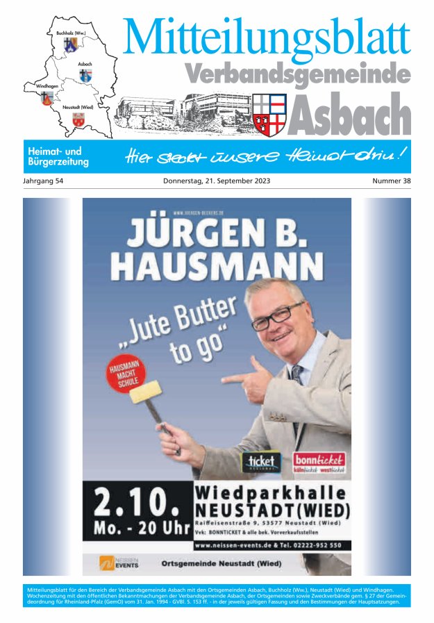 Mitteilungsblatt Verbandsgemeinde Asbach Titelblatt 38/2023