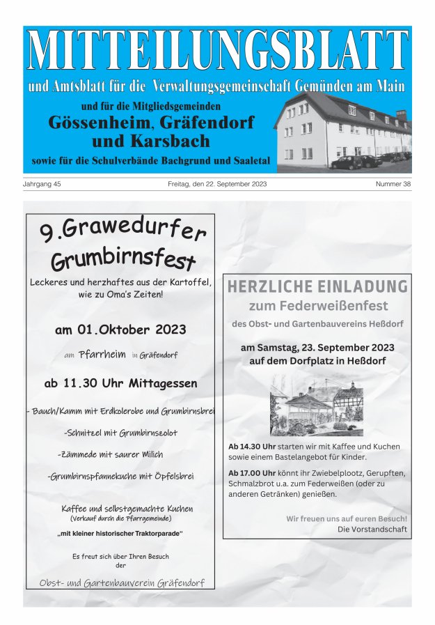 Mitteilungsblatt der VG Gemünden a Main Titelblatt 38/2023