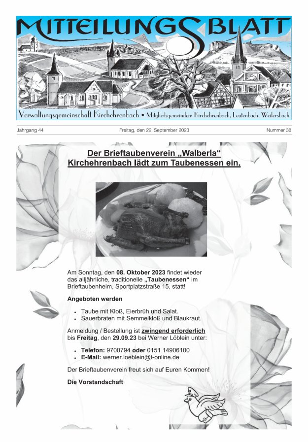 Mitteilungsblatt Verwaltungsgemeinschaft Kirchehrenbach Titelblatt 38/2023
