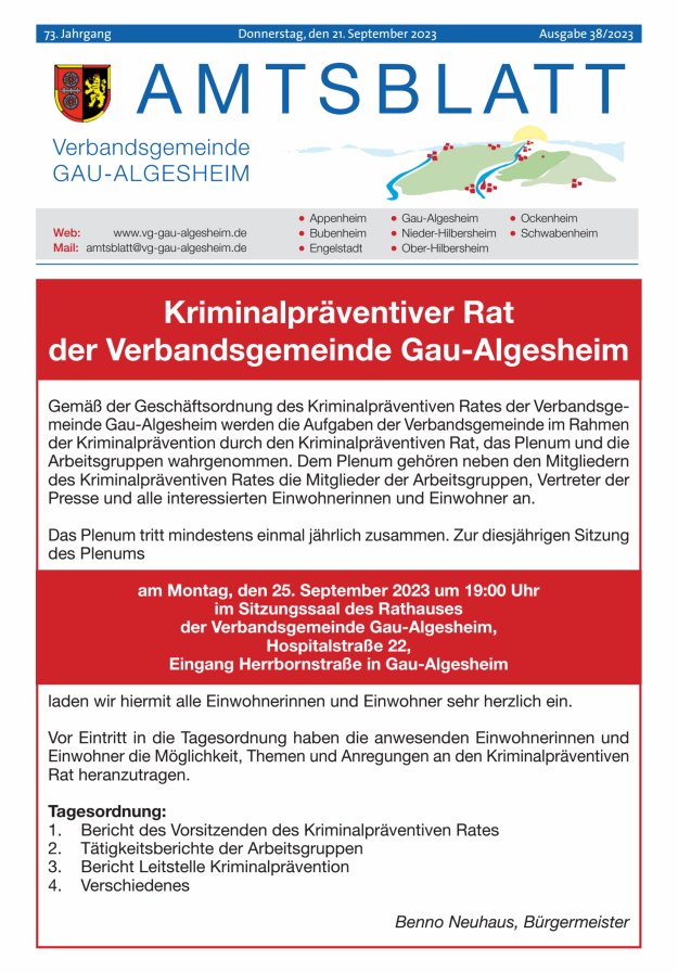 Amtsblatt der VG Gau-Algesheim Titelblatt 38/2023