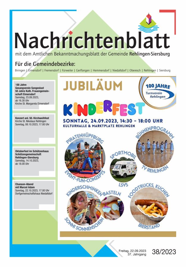 Nachrichtenblatt Rehlingen-Siersburg Titelblatt 38/2023