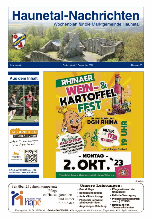 Haunetal-Nachrichten Titelblatt 38/2023