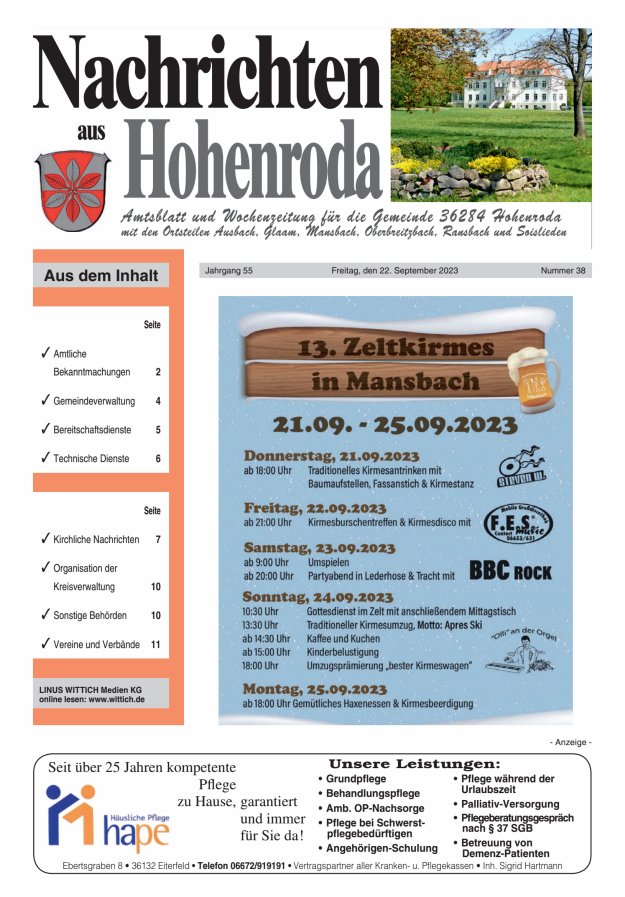 Nachrichten aus Hohenroda Titelblatt 38/2023