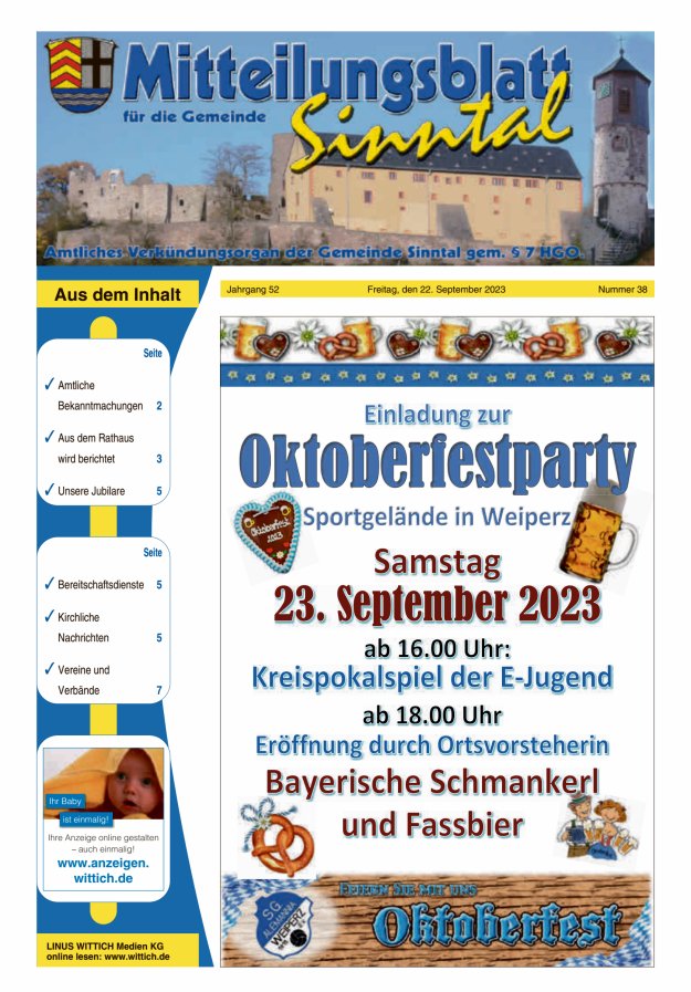 Mitteilungsblatt für die Gemeinde Sinntal Titelblatt 38/2023