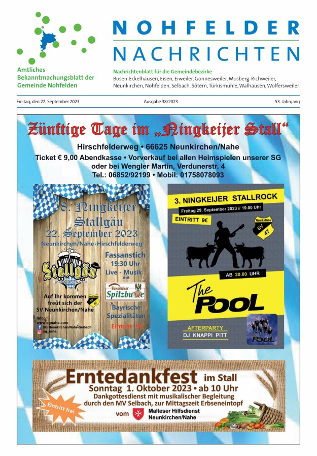 Nohfelder Nachrichten Titelblatt 38/2023