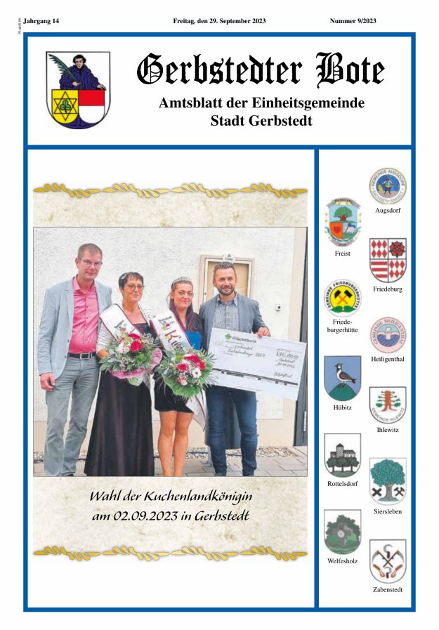 Gerbstedter Bote – Amtsblatt der Einheitsgemeinde Stadt Gerbstedt Titelblatt 09/2023