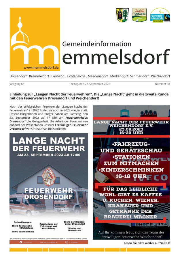 Mitteilungsblatt der Gemeinde Memmelsdorf Titelblatt 38/2023