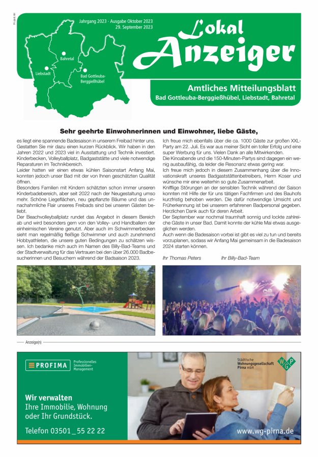 Lokal-Anzeiger - Amtliches Mitteilungsblatt Bad Gottleuba-Berggießhübel, Liebstadt, Bahretal Titelblatt 10/2023