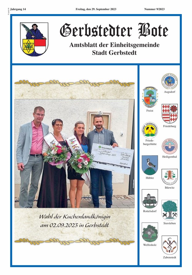Gerbstedter Bote – Amtsblatt der Einheitsgemeinde Stadt Gerbstedt Titelblatt 09/2023