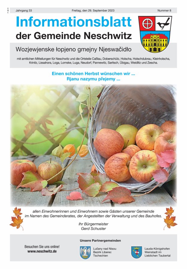 Informationsblatt der Gemeinde Neschwitz mit amtlichen Mitteilungen Titelblatt 08/2023