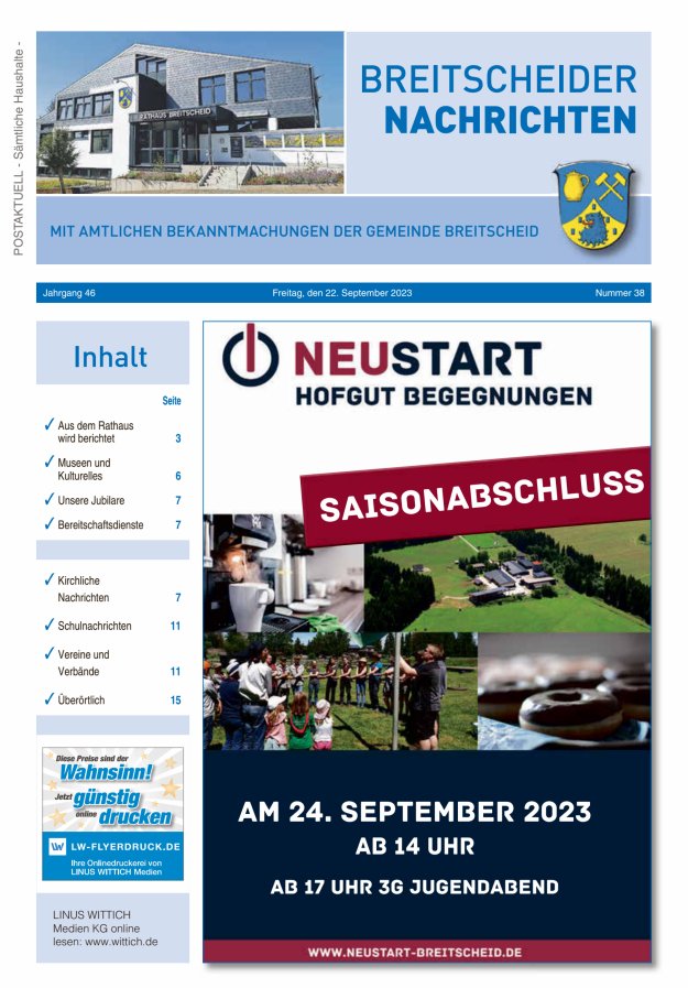 Breitscheider Nachrichten Titelblatt 38/2023