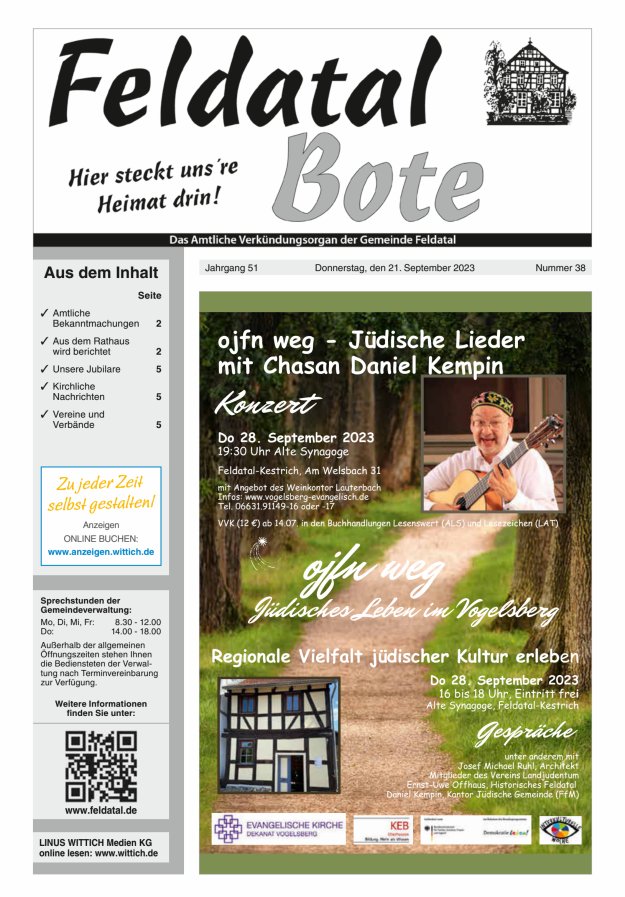 Das Amtliche Verkündungsorgan der Gemeinde Feldatal Titelblatt 38/2023