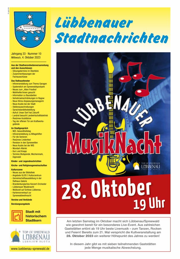 Lübbenauer Stadtnachrichten – Amtsblatt für die Stadt Lübbenau/Spreewald Titelblatt 10/2023