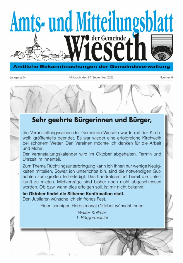 Amts- und Mitteilungsblatt der Gemeinde Wieseth Titelblatt 09/2023