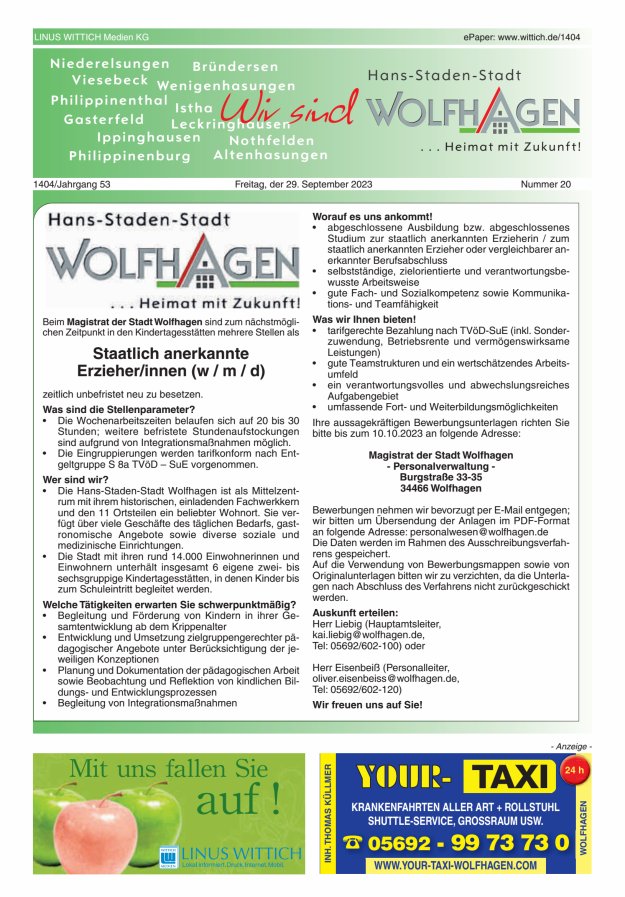 Wolfhager Stadtanzeiger Titelblatt 20/2023