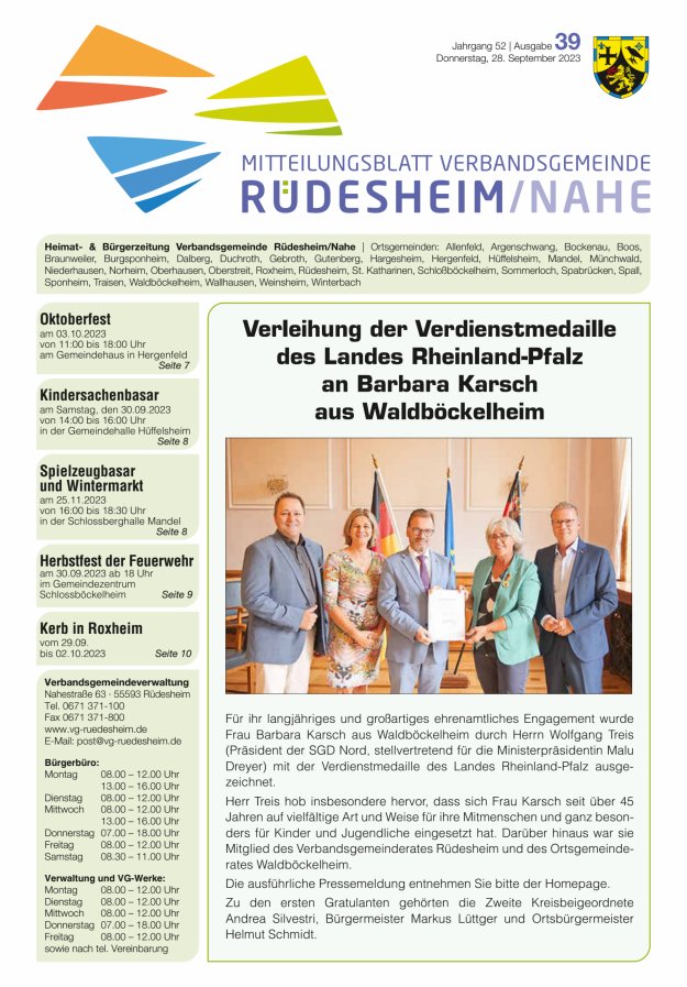 Mitteilungsblatt Verbandsgemeinde Rüdesheim und zugehörige Ortsgemeinden Titelblatt 39/2023