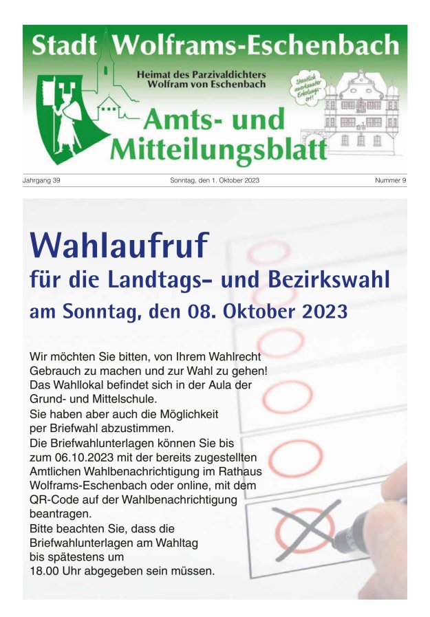 Amts- und Mitteilungsblatt Stadt Wolframs-Eschenbach Titelblatt 09/2023