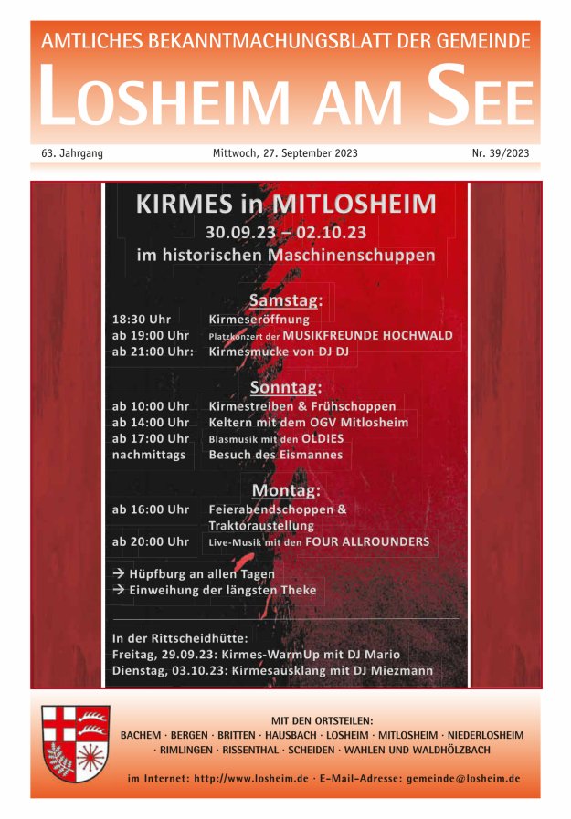 Amtliches Bekanntmachungsblatt der Gemeinde Losheim am See Titelblatt 39/2023