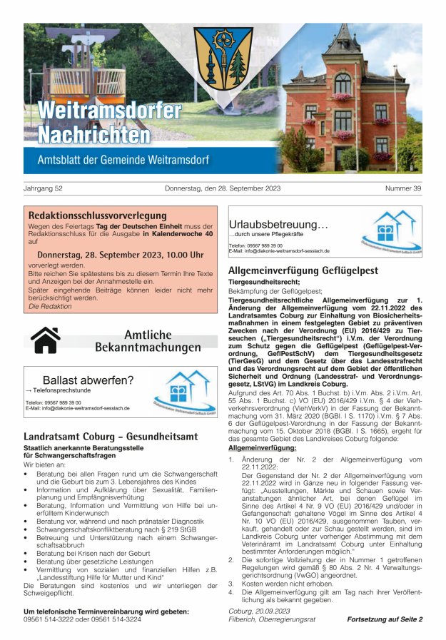 Weitramsdorfer Nachrichten Titelblatt 39/2023