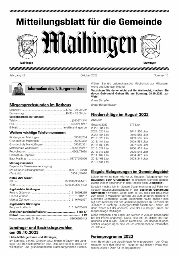 Mitteilungsblatt für die Gemeinde Maihingen Titelblatt 10/2023