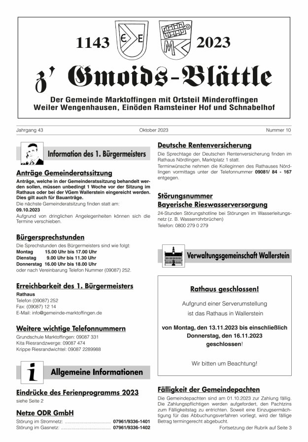z'Gmoids-Blättle der Gemeinde Marktoffingen mit Ortsteilen Titelblatt 10/2023