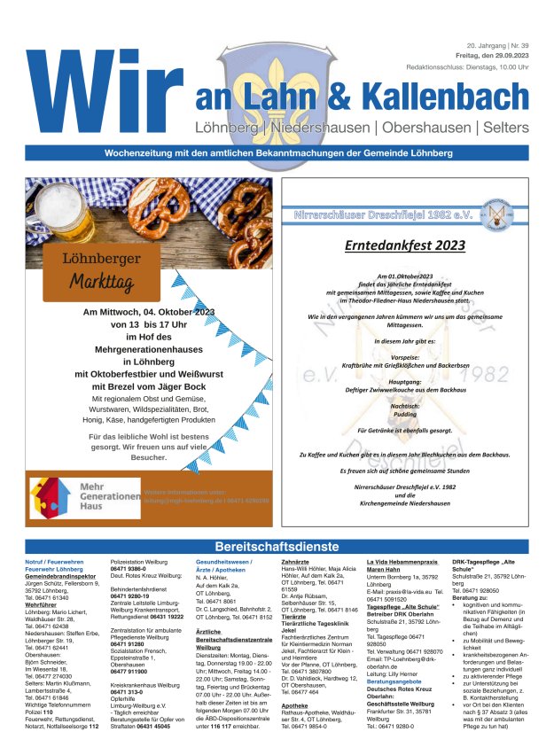 Amtliches Mitteilungsblatt der Gemeinde Löhnberg Titelblatt 39/2023